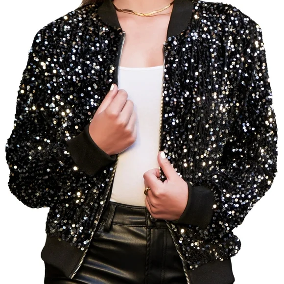 Nannette Sequin Bomber Jacket Black and Silver - Picture 1 of 5